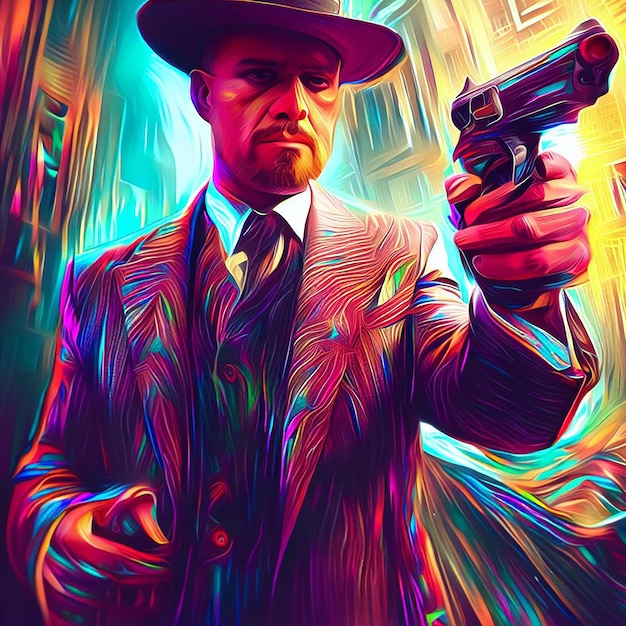 Foto ilustração hiper-realista do personagem gangster cyberpunk colorido