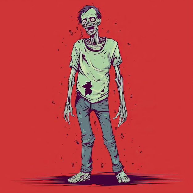 Foto ilustração hiperdetalhada do homem zumbi em fundo vermelho