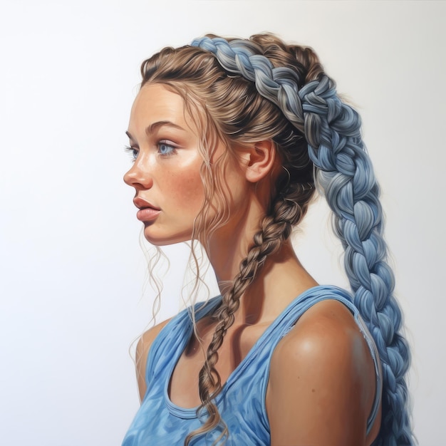 Foto ilustração hiperrealista de mulher com cabelo trançado em índigo e azul do céu