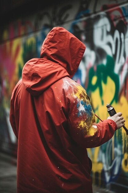 Foto ilustração homem de trás com um capuz fazendo graffiti ai generativo