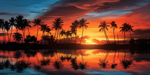 Ilustração horizontal de um pôr-do-sol em uma ilha paradisíaca IA geradora