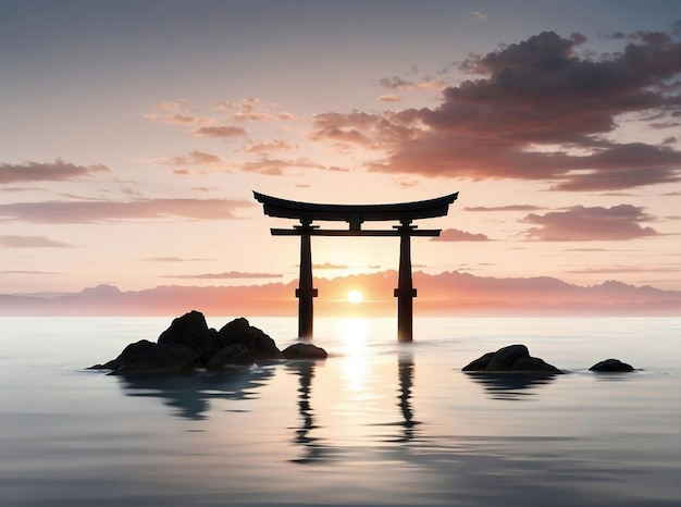 Ilustração horizontal de um torii no meio da água