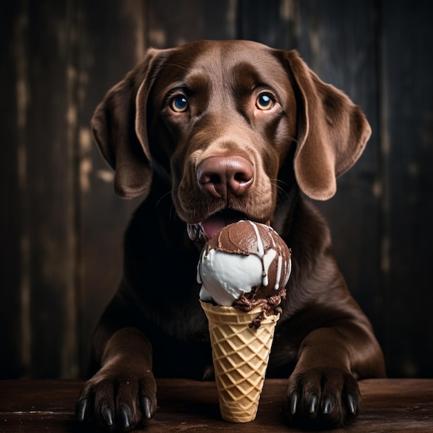 Foto ilustração ia geração brown labrador retriever comendo sorvete