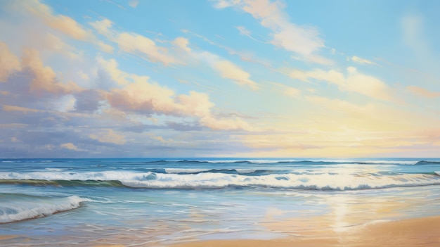 Ilustração impressionista a óleo de uma praia com um céu pastel suave