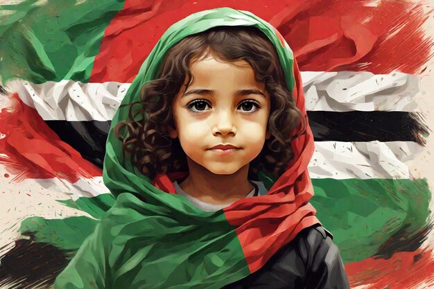 Ilustração infantil com fundo de bandeira palestina