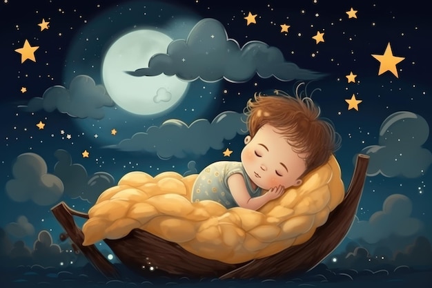 Ilustração infantil com lua e bebê dormindo Lindo pôster para quarto de bebê ou quarto Cartão infantil