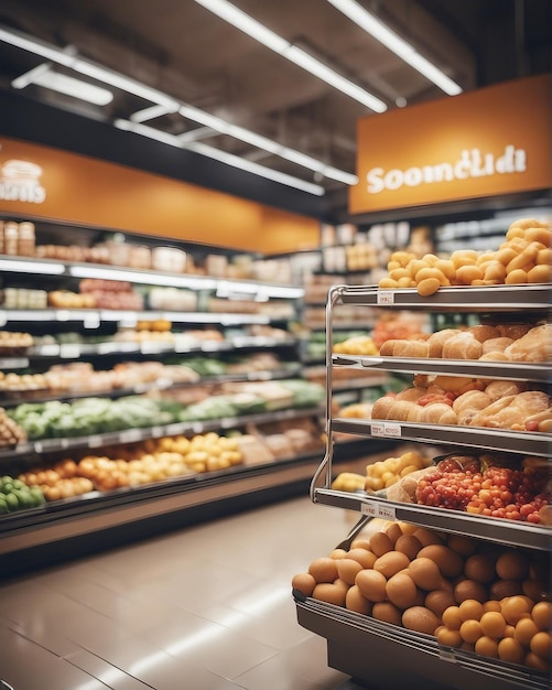 Foto ilustração interior de supermercado e produtos com fundo desfocado