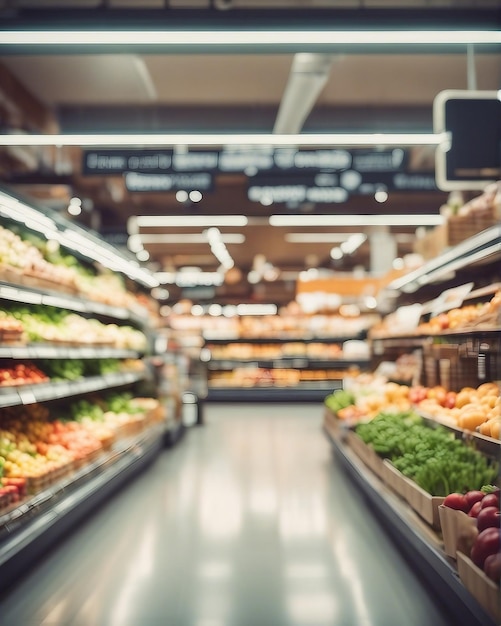 Foto ilustração interior de supermercado e produtos com fundo desfocado