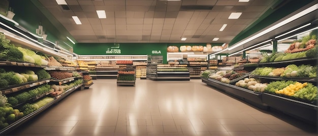 Ilustração interior de supermercado e produtos com fundo desfocado