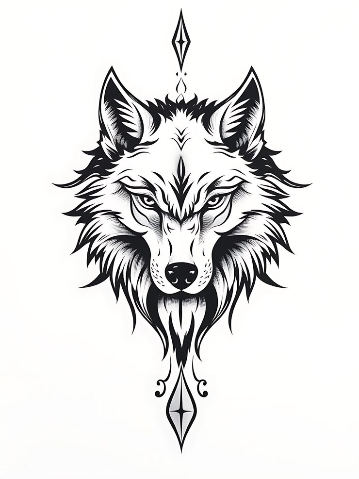Foto ilustração intrincada de lobo preto e branco com desenho geométrico
