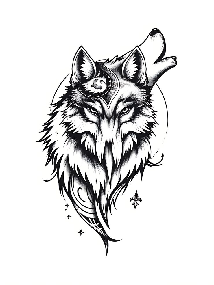 Foto ilustração intrincada de lobo preto e branco com detalhes ornamentados
