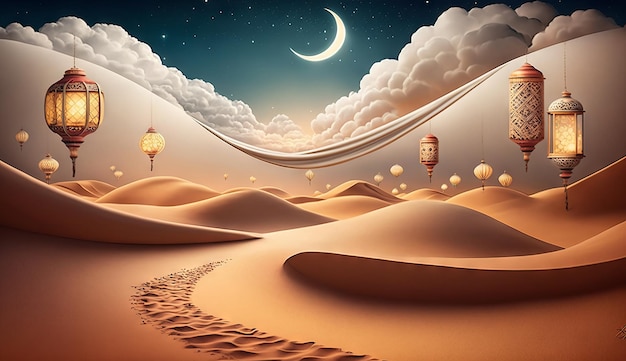 Ilustração islâmica de uma lua crescente e nuvens realistas com lanternas tradicionais e dunas de areia Generative ai