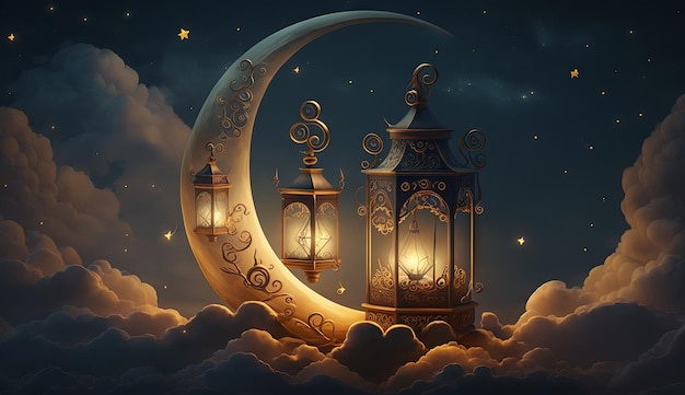 Ilustração islâmica de uma lua crescente e nuvens realistas com lanternas tradicionais e velas iluminando a noite Generative ai