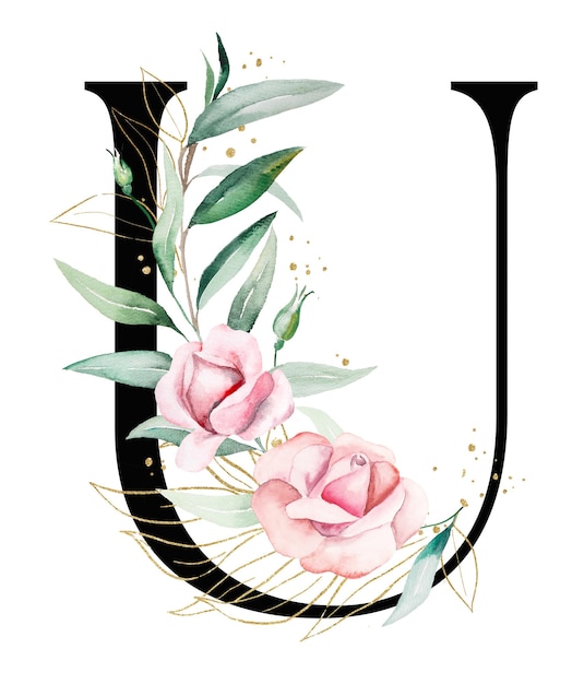 Ilustração isolada da letra negra U com flores de aquarela rosa e folhas verdes e douradas