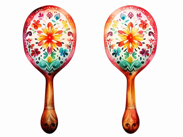 Ilustração isolada de aquarela de maracas mexicanas ornamentadas em fundo branco