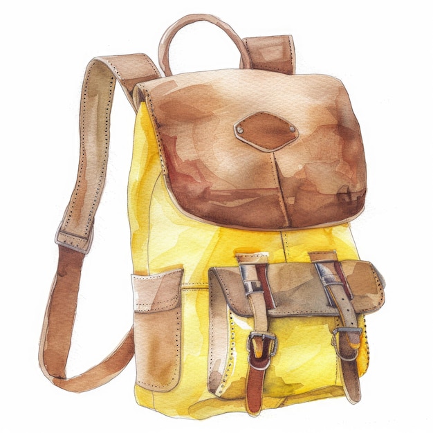 Foto ilustração isolada de aquarela de mochila amarela e marrom para estudantes ou turistas