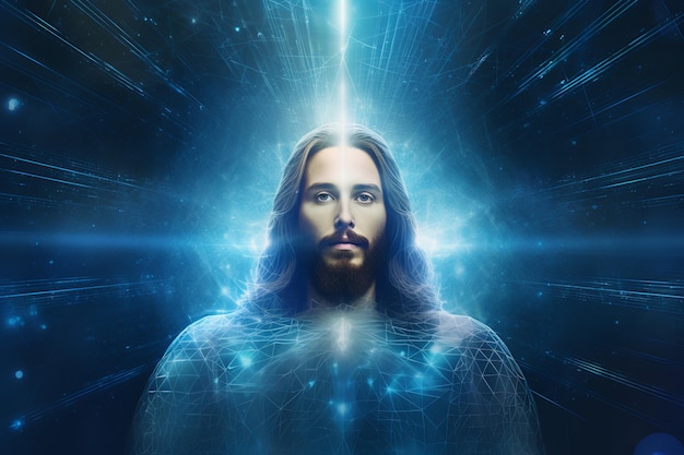 Ilustração isolada de Jesus Cristo Ilustração com conexão neural azul