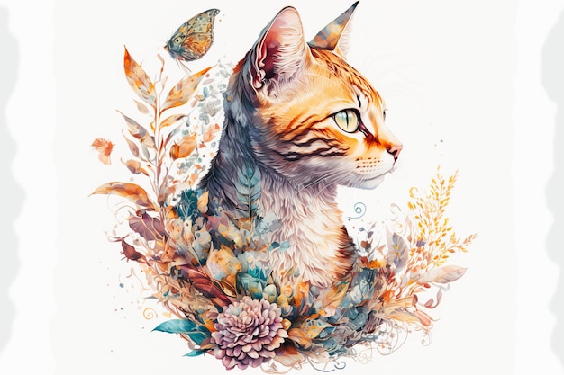 Ilustração isolada hiperdetalhada de um gato floral
