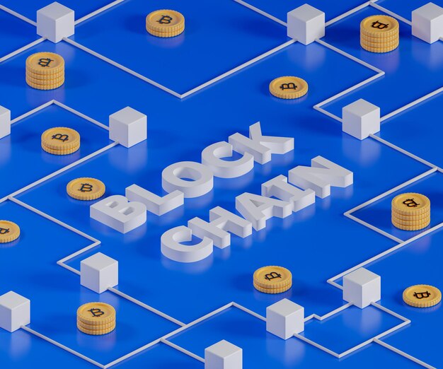 Ilustração isométrica de tecnologia de blockchain de conceito de renderização 3D