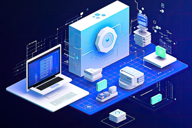 ilustração isométrica de tecnologia e componentes de monitor