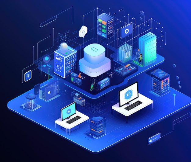 ilustração isométrica de tecnologia e componentes de monitor