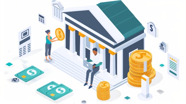 Ilustração isométrica de um banco com um homem e uma mulher usando um laptop e depositando dinheiro