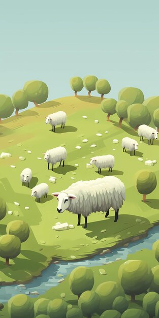 Ilustração isométrica renderizada sobre o tema das ovelhas