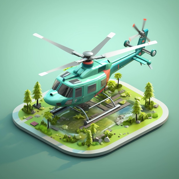 Ilustração isométrica renderizada sobre o tema de helicóptero pixelado cores frescas 3D com foco o