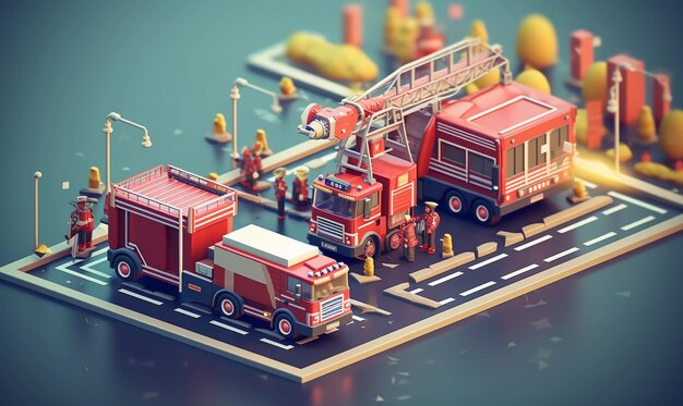 Ilustração isométrica renderizada sobre o tema do motor de incêndio pixelado cores frescas 3D com foco