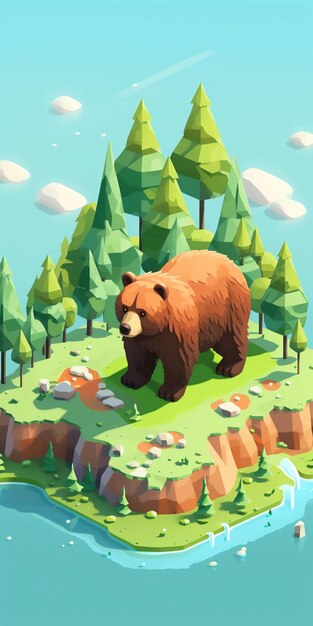 Ilustração isométrica renderizada sobre o tema do Urso