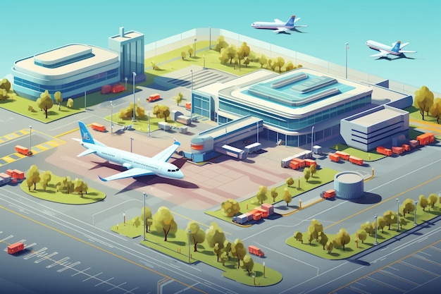 Ilustração isométrica vetorial ao ar livre do aeroporto