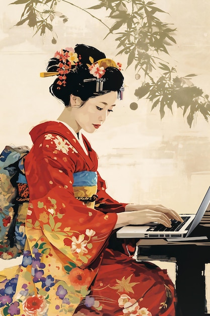 Ilustração japonesa clássica de uma geisha usando técnicas tradicionais