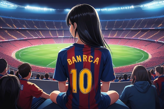 Ilustração Jovem garota na camiseta do FC Barca assistindo a uma partida de futebol