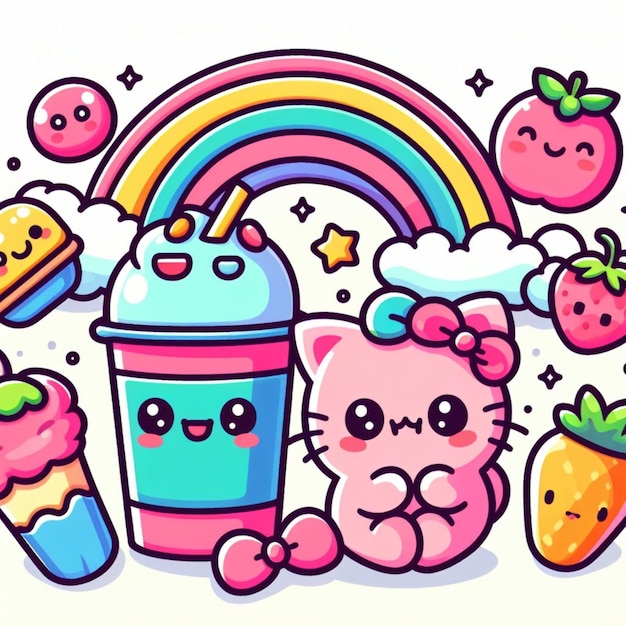 Foto ilustração kawaii adorável e bonita design colorido e plano