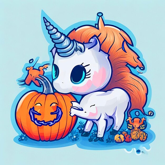 Foto ilustração kawaii bebê unicórnio e veados brincando com uma pequena bola de abóbora halloween