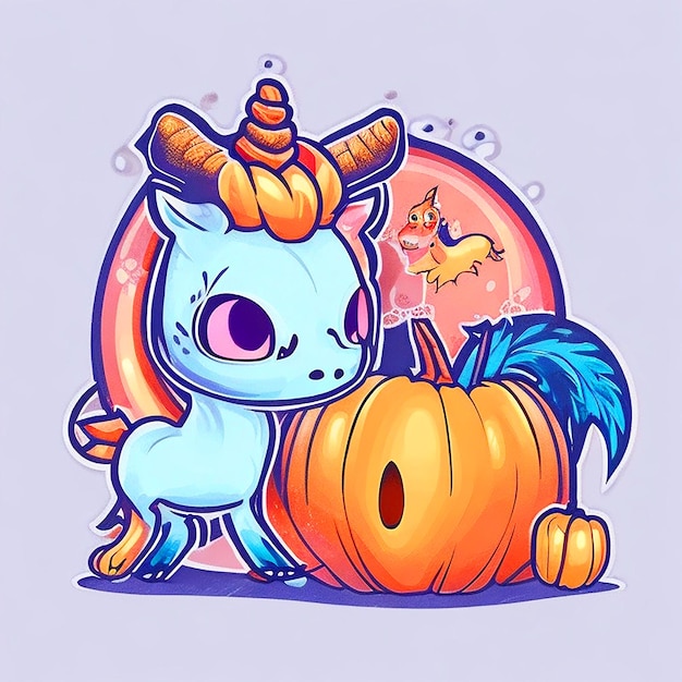 ilustração Kawaii bebê unicórnio e veados brincando com uma pequena bola de abóbora Halloween