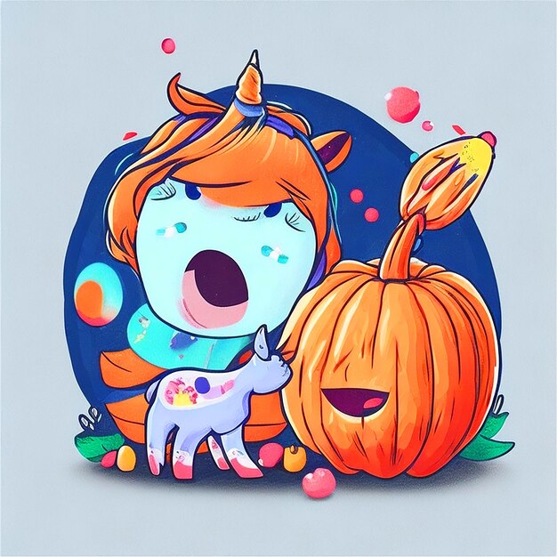 ilustração Kawaii bebê unicórnio e veados brincando com uma pequena bola de abóbora Halloween