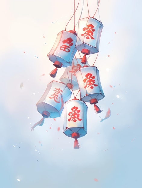 ilustração lanterna de ano novo chinesa foguetes em azul