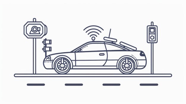 Foto ilustração linear de carro autônomo lendo sinais de trânsito carro autônomo na estrada desenho isolado moderno traço editável