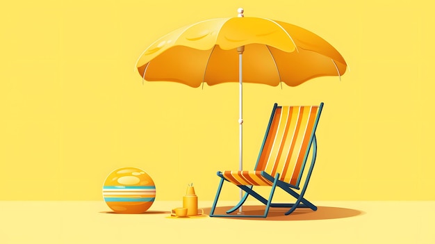 Ilustração lúdica de uma cadeira de praia com um guarda-chuva e brinquedos de praia