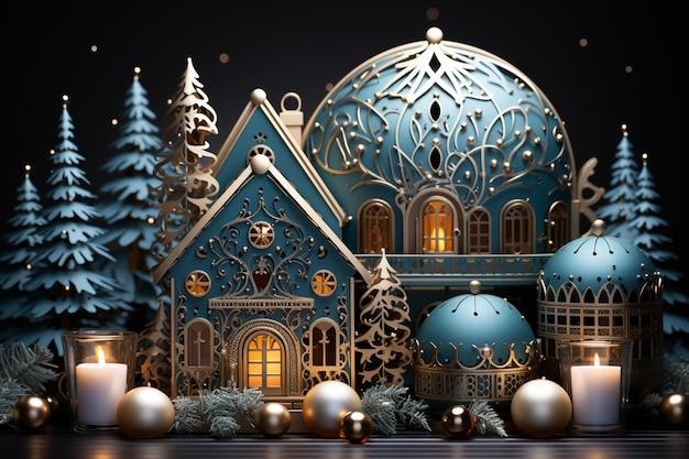 Ilustração mágica de inverno com árvores de casa e bolas em cores azuis cartão postal de Natal