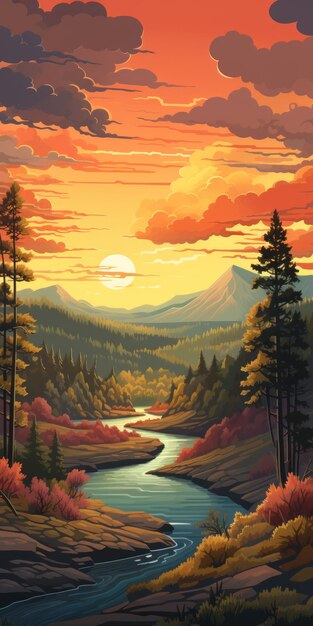 Ilustração majestosa de paisagens com estilo artístico moderno e colorido