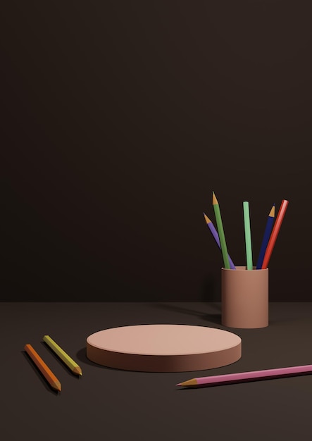 Ilustração marrom escuro de volta ao pódio de exposição de produtos da escola lápis de lado na fotografia da mesa