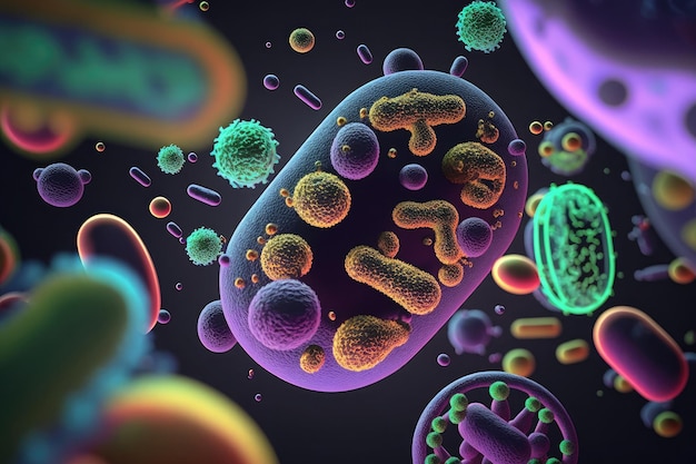 Ilustração médica gerada por IA de cores diferentes de isolamento de células de câncer de micróbios de bactérias de vírus
