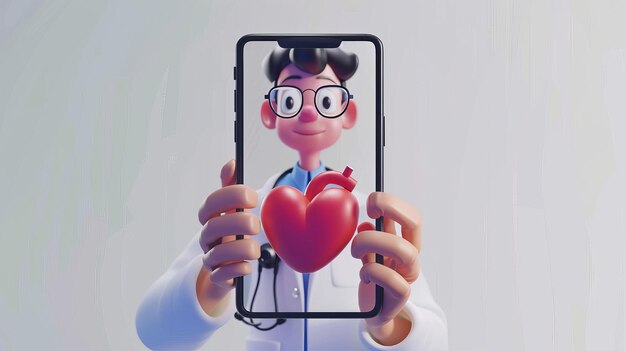 Ilustração médica isolada em fundo branco Exame cardíaco Personagem de desenho animado mãos segurando telefone móvel com cardiologista sai da tela