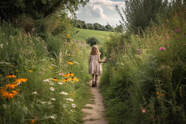 Ilustração menina caminhando em um caminho entre as flores ai generativo