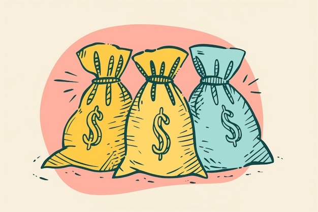 Ilustração minimalista colorida de três sacos de dinheiro com sinais de dólar desenhados à mão em um fundo rosa