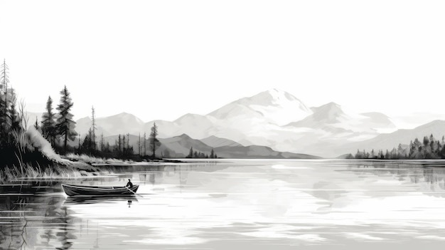 Ilustração minimalista de cena de lago em preto e branco em Uhd