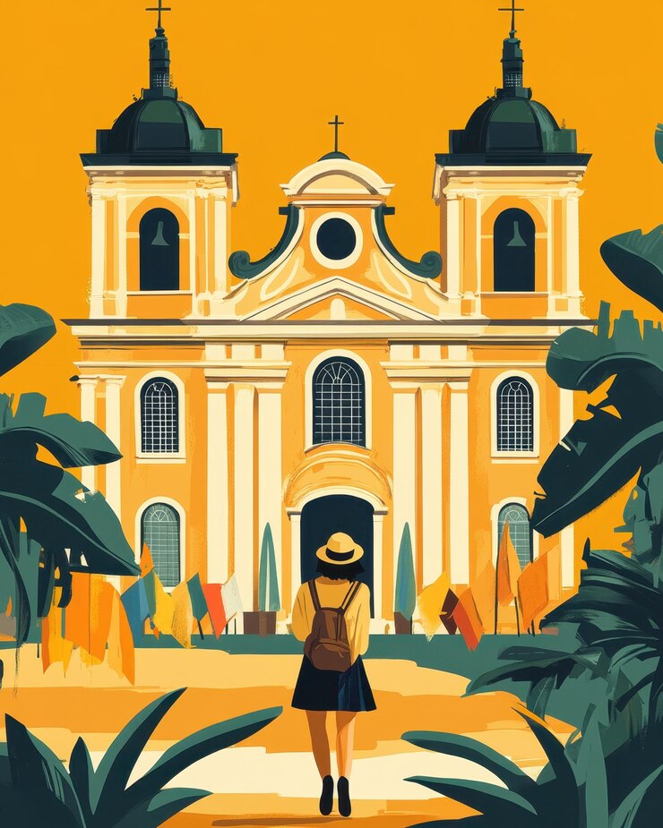 Foto ilustração minimalista de so joo delrei com igreja e festival barrocos