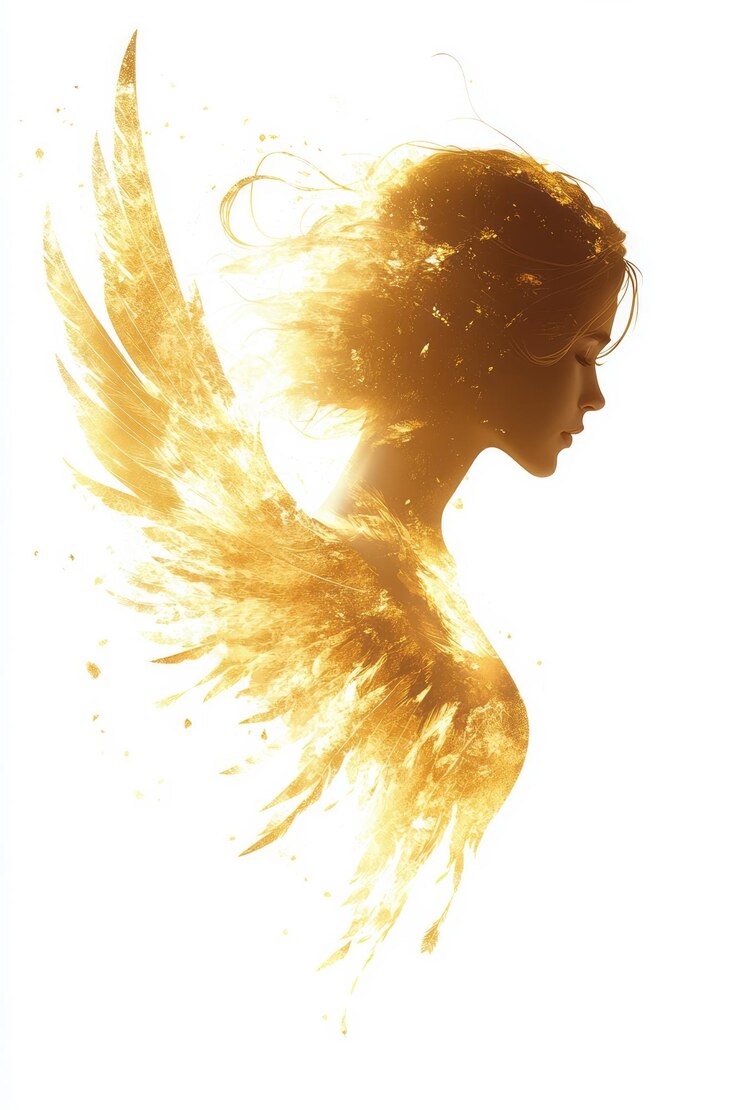 Foto ilustração minimalista de um anjo sereno com delicadas asas douradas contra um fundo branco